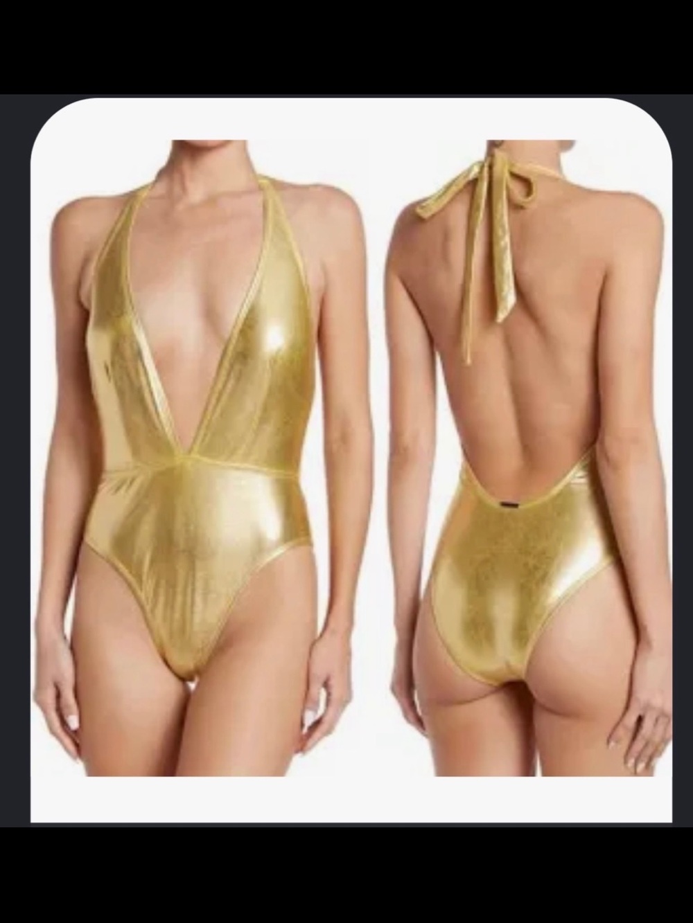 Kendall & Kylie Metallic Gold Plunge Halter One-Piece Swimsuit